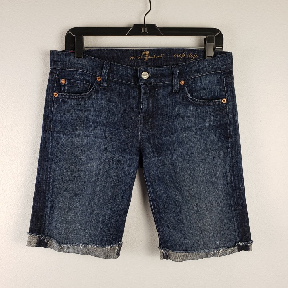 7 For All Mankind Women's Size 28 Crop Dojo Bermuda Short Dark Wash Rolled Denim